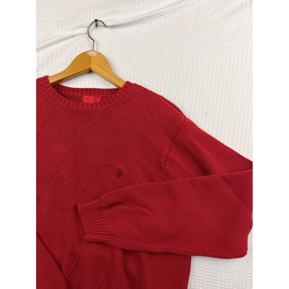 Izod Mens Red Diamond Lattice Knit Crewneck Cotton Sweater Size M